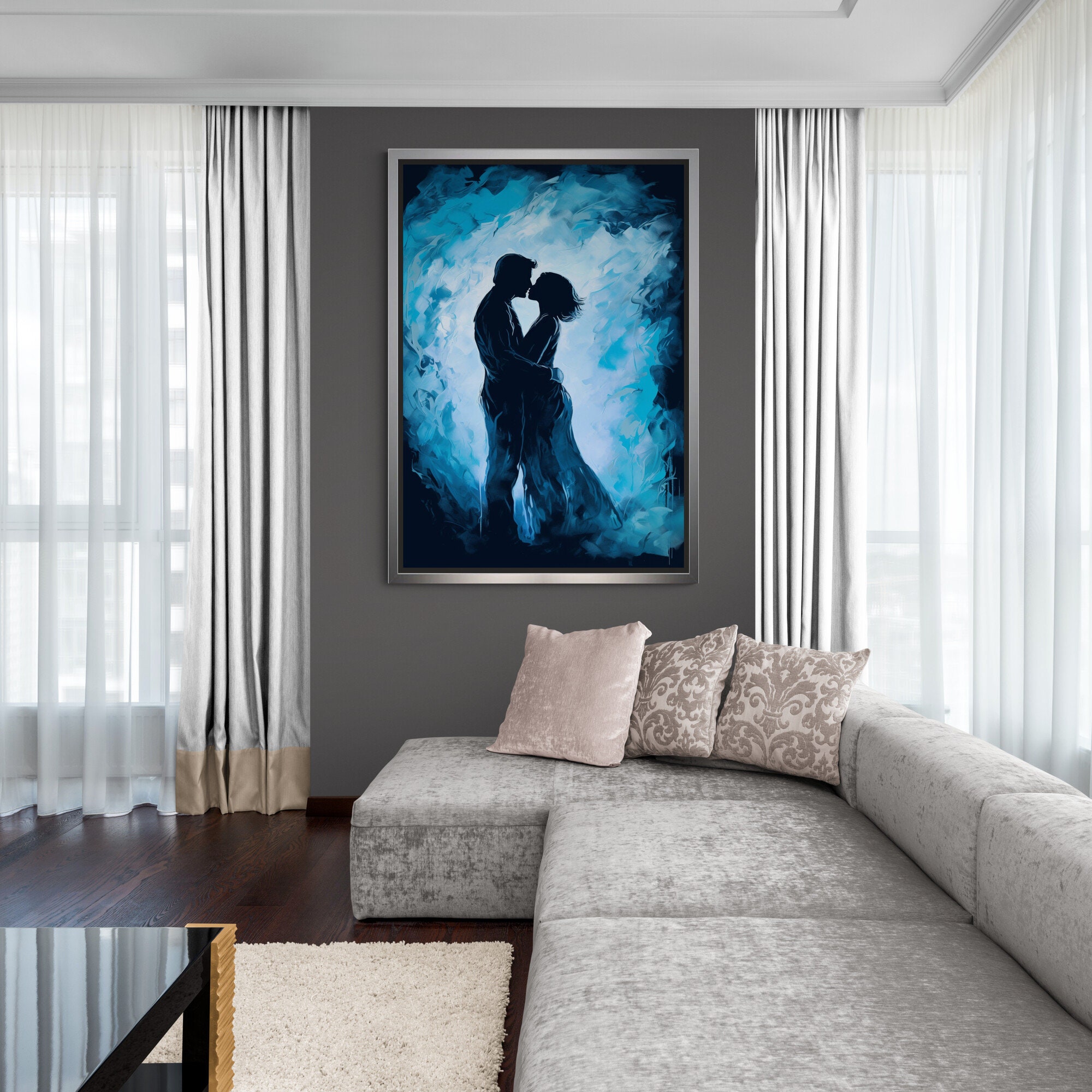 Duck Egg Blue Canvas Wall Art - Black & White Lovers Kiss Abstract Print, Framed Giclee