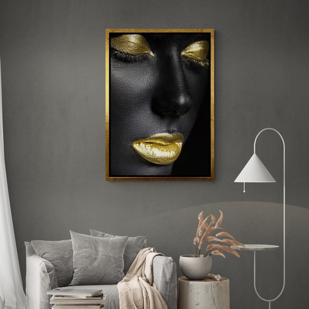 Golden Lips Wall Art, Black Woman Face Framed Canvas, Woman Face Canvas
