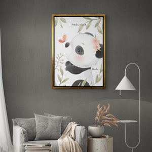 Baby Panda Framed Canvas, Panda Wall Art, Cute Animals Canvas, Floral Animal Wall Art, Wall Art for Nursery, Baby Panda Black Framed Canvas Gold Framed Canvas