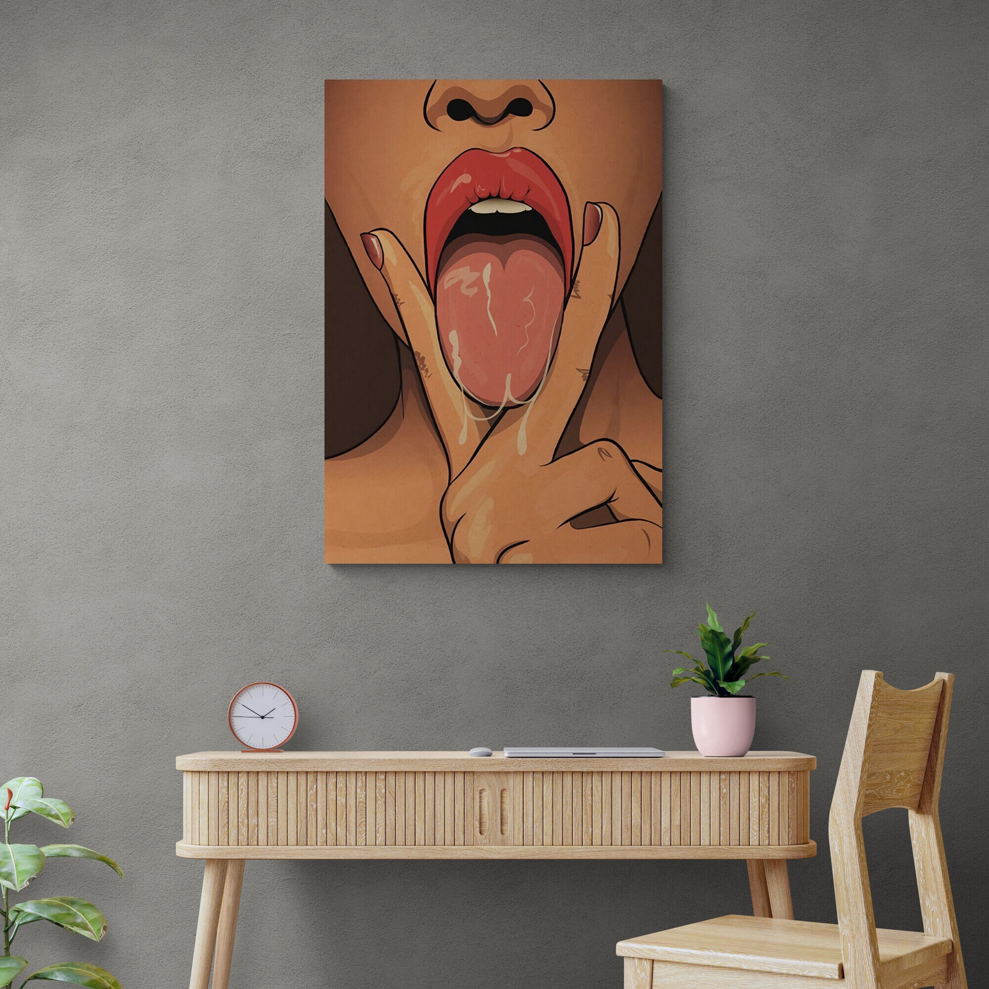 Sexy Woman Pop Art, Seductive Woman Framed Canvas, Woman Sticking Tongue Wall Art, Sexy Lips Rolled Canvas, Wet Woman, Gold Framed Canvas
