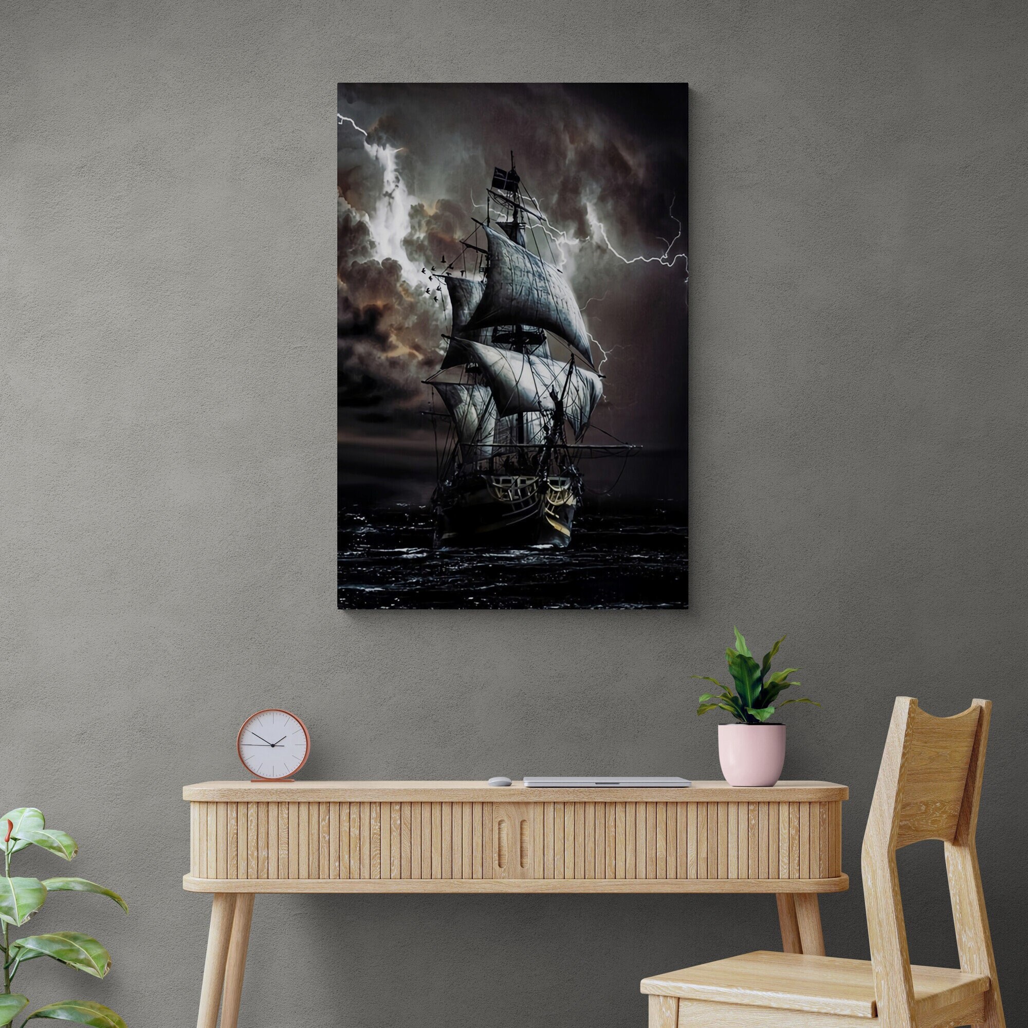 Pirate Ship in Stormy Sea Wall Art Ancient Warship Canvas Etsy