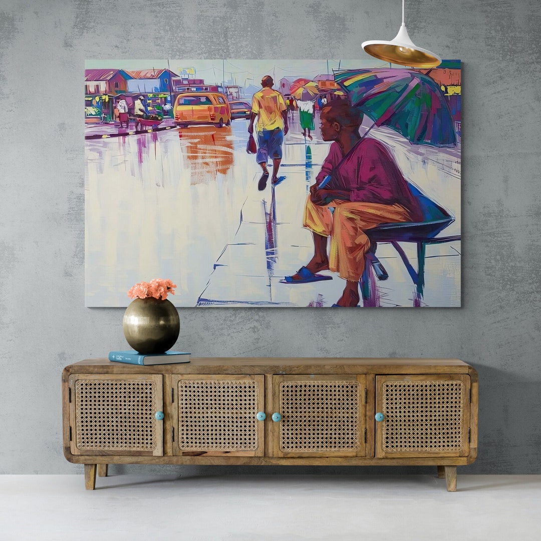 Nigerian Street Scenery Canvas, African Wall Art, Nigerian Woman Framed