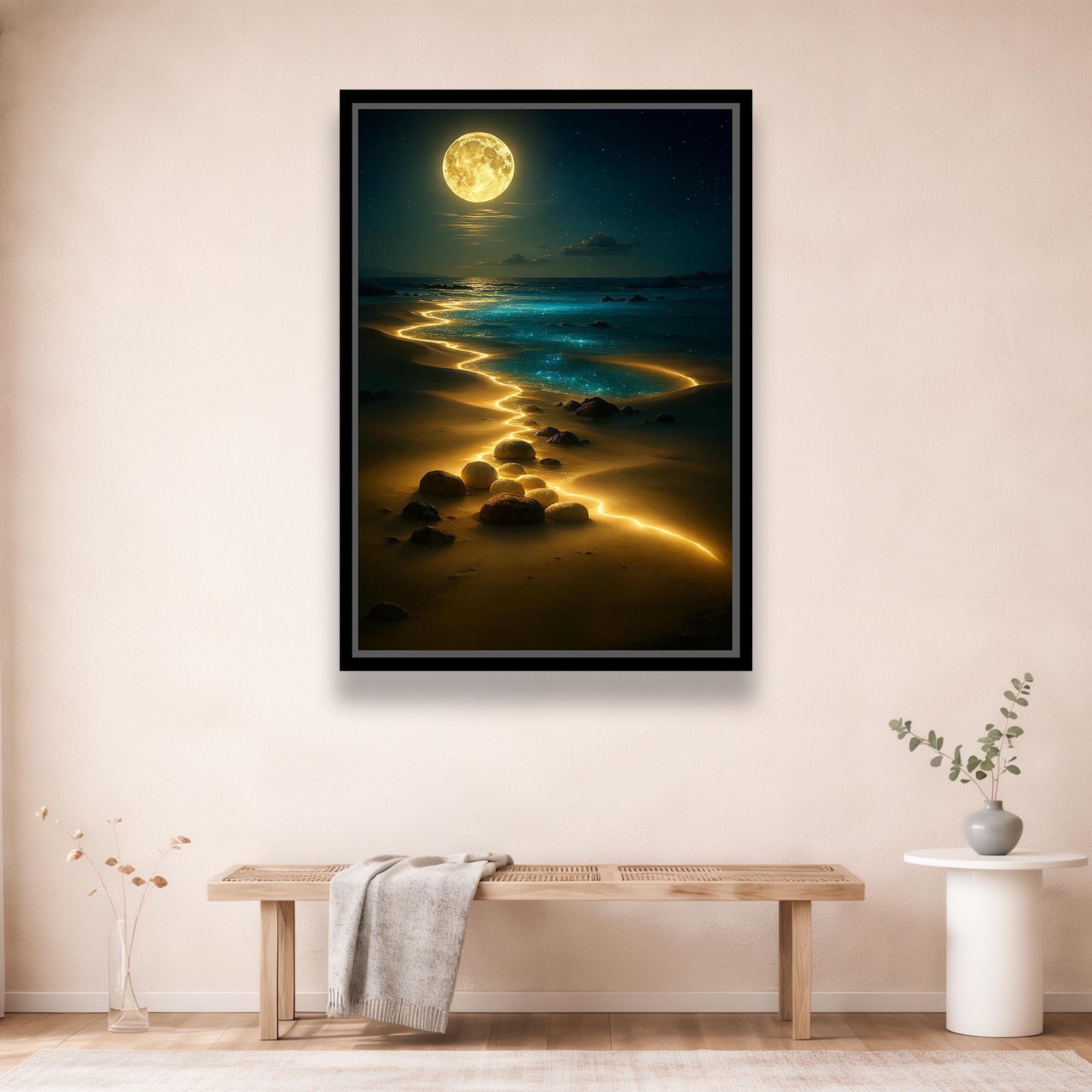 Full Moon Night Beach Canvas Wall Art – Surreal Glowing Golden Path ...