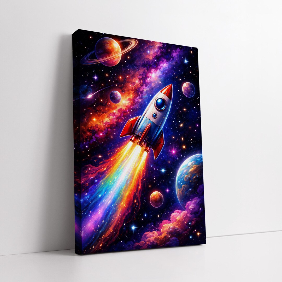 Space Adventure Rocket Ship Canvas Wall Art – Colorful Galaxy & Planets ...
