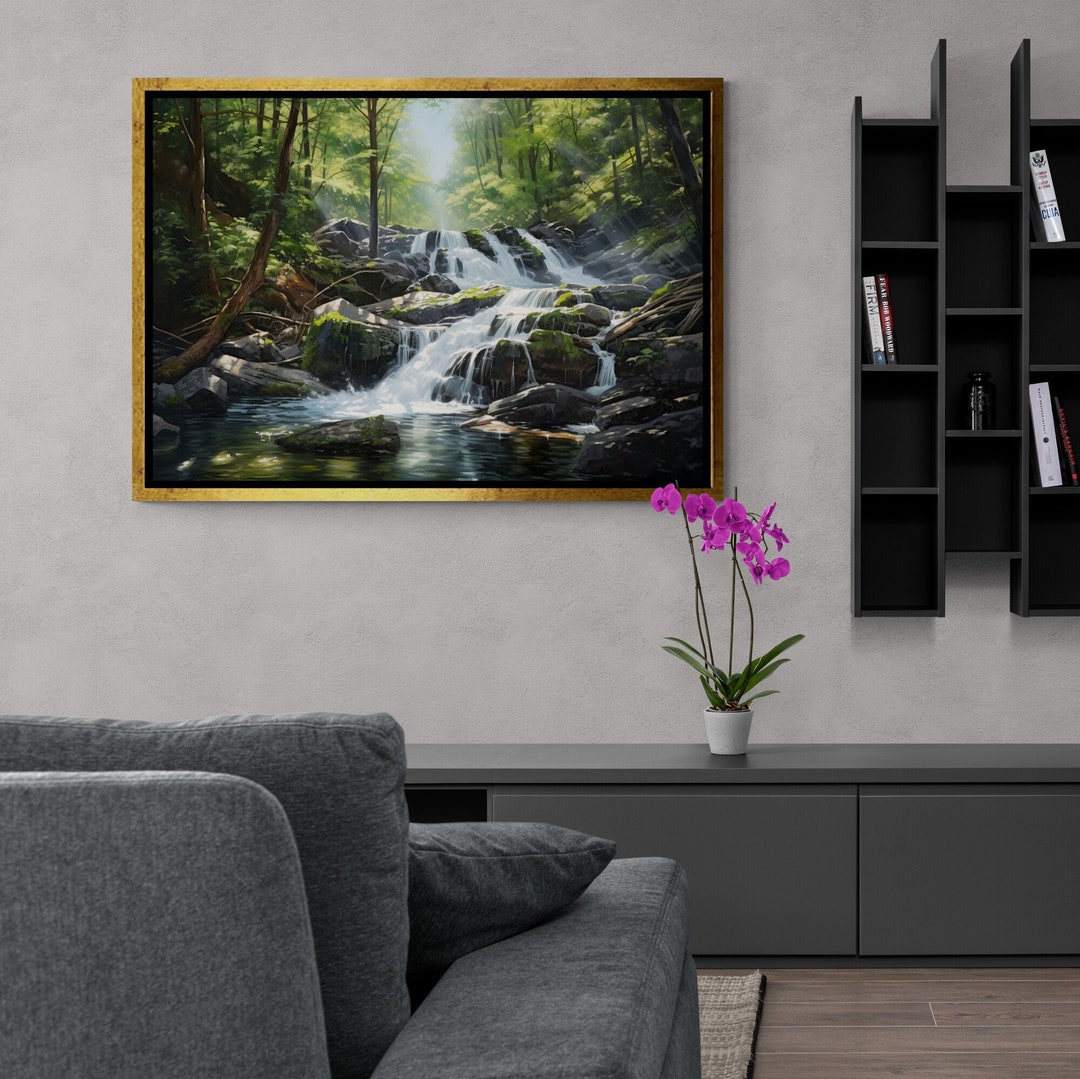 Waterfall Framed Canvas, Nature Wall Art, Forest Waterfall Canvas