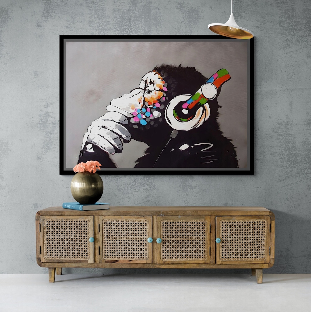 Dj Monkey Wall Art, Banksy Thinking Monkey, Dj Monkey Framed Canvas