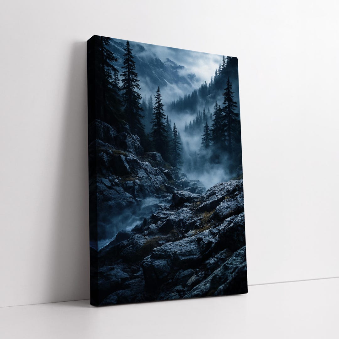 Moody Blue Forest Canvas Wall Art – Misty Mountain Landscape With Foggy ...