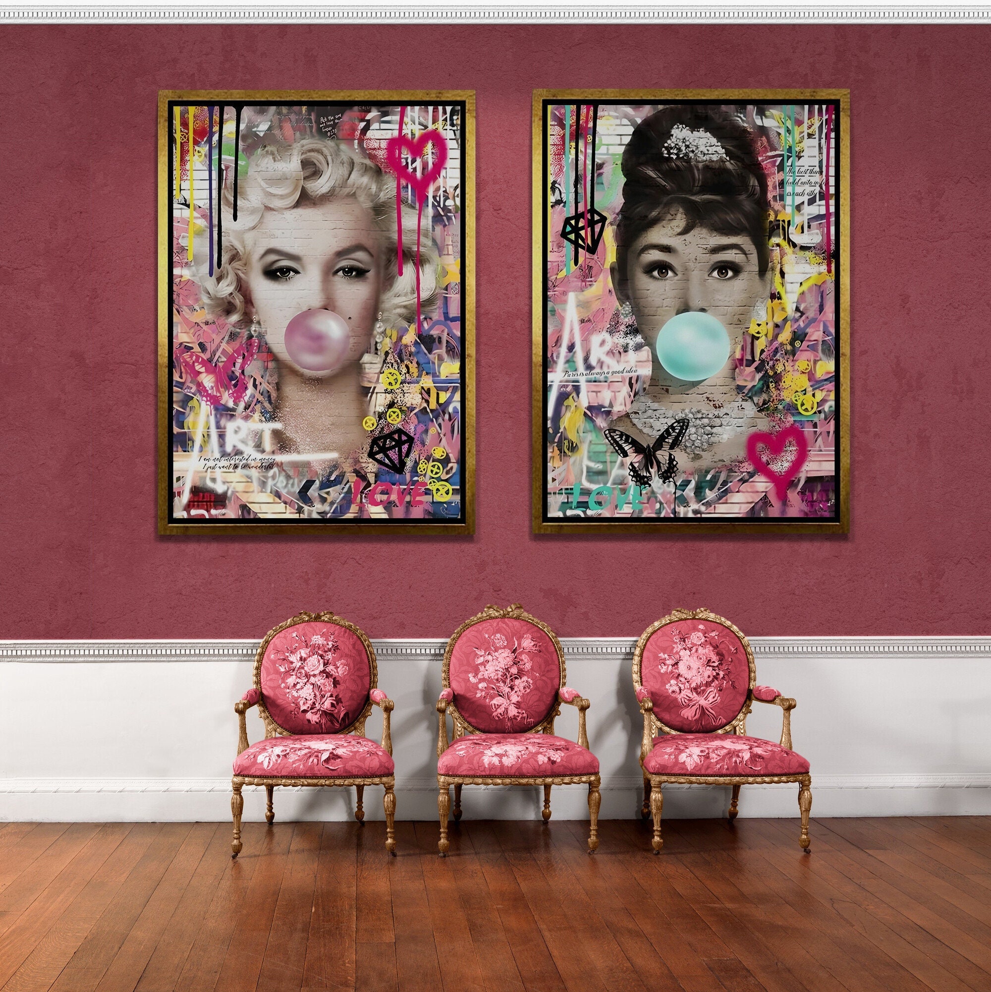 Audrey Hepburn Wall Art, Marilyn Monroe Framed Canvas, Pink Bubble Gum Canvas, Set of 2 Actress Wall Art, Bubble Gum Gold Framed Canvas