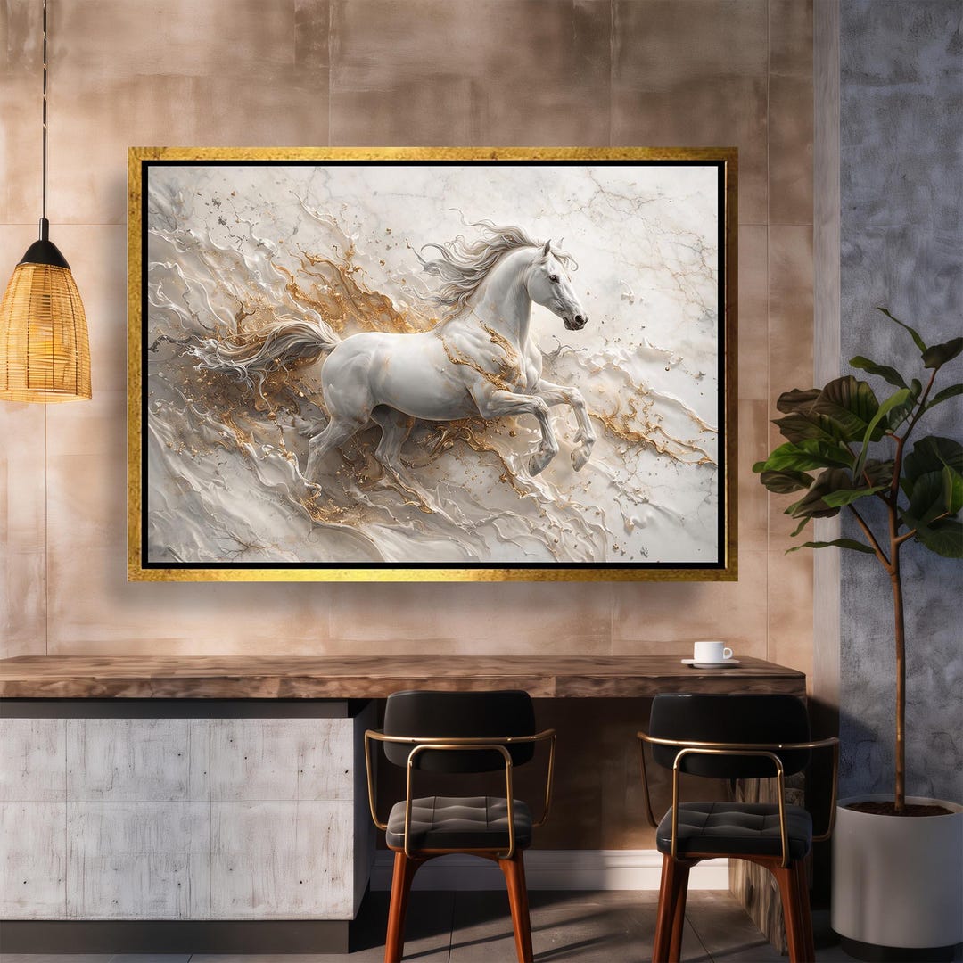 White Horse Canvas Wall Art – Dynamic Gallop Painting With Gold Swirls ...