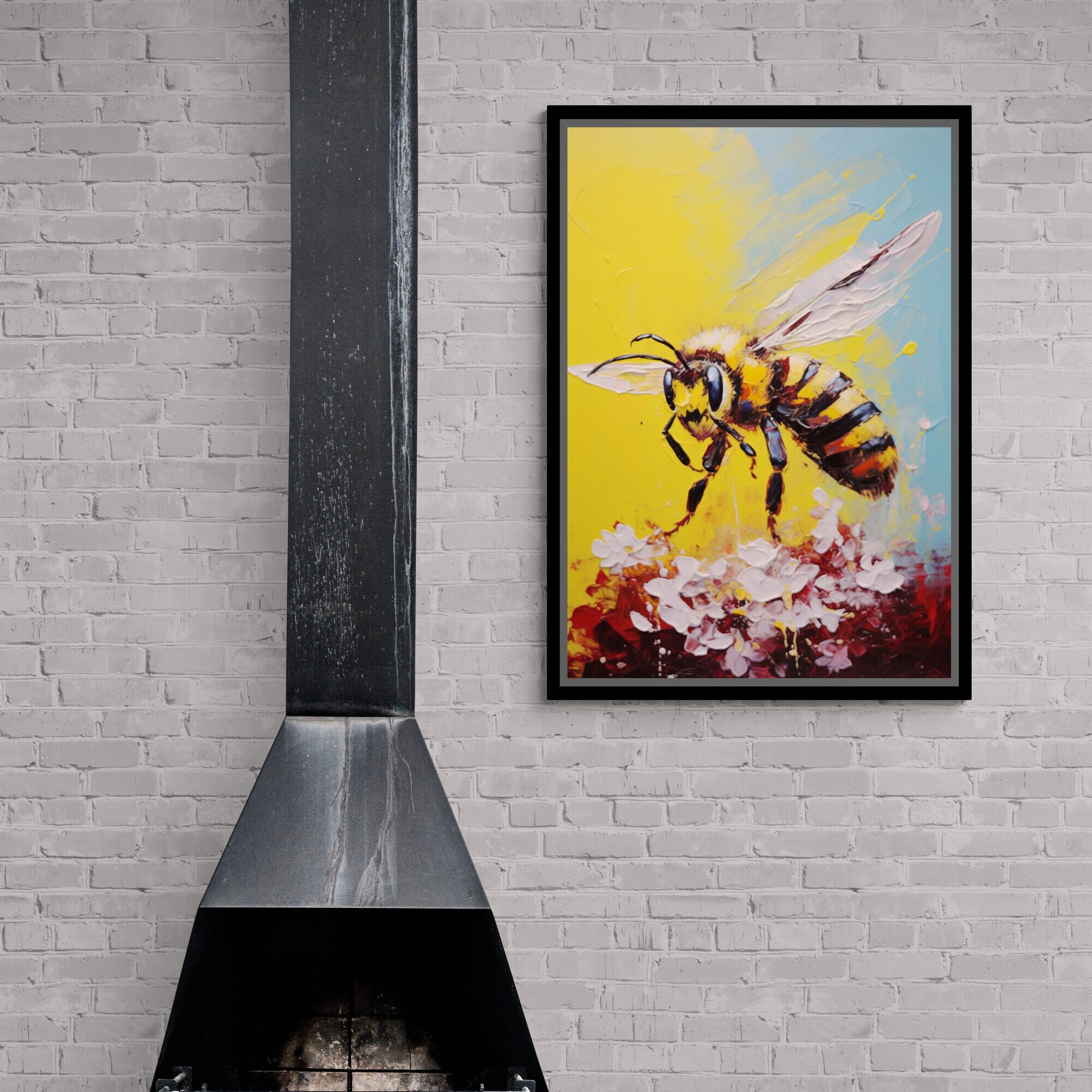 油絵 ハチ 額入りキャンバス、抽象的な壁アート、花のキャンバス、昆虫
