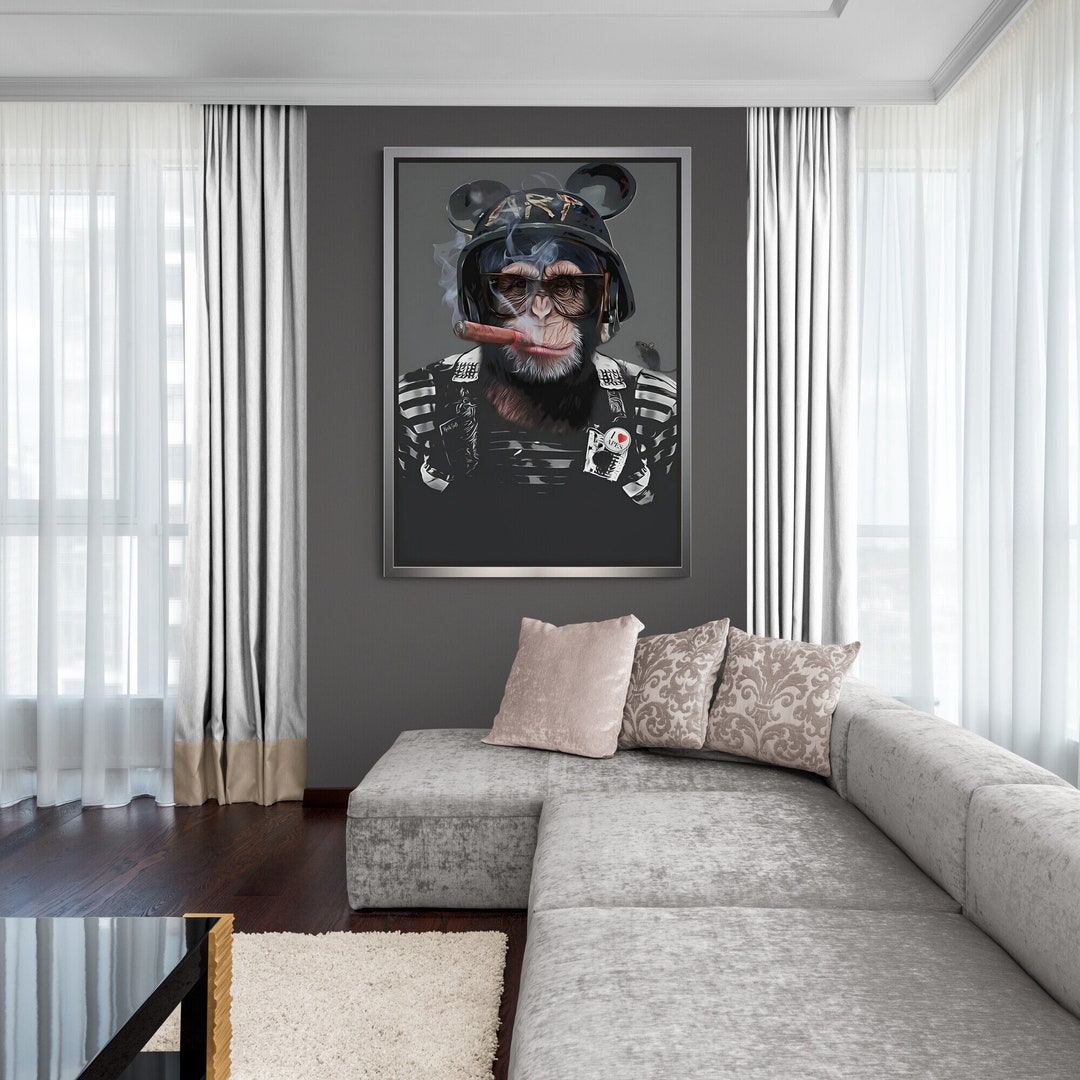 Artist Monkey Framed Canvas, Cigar Smoking Monkey Wall Art