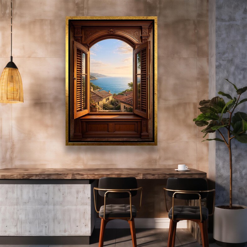 Open Window Sea View Canvas Wall Art – Mediterranean Coastal Village ...