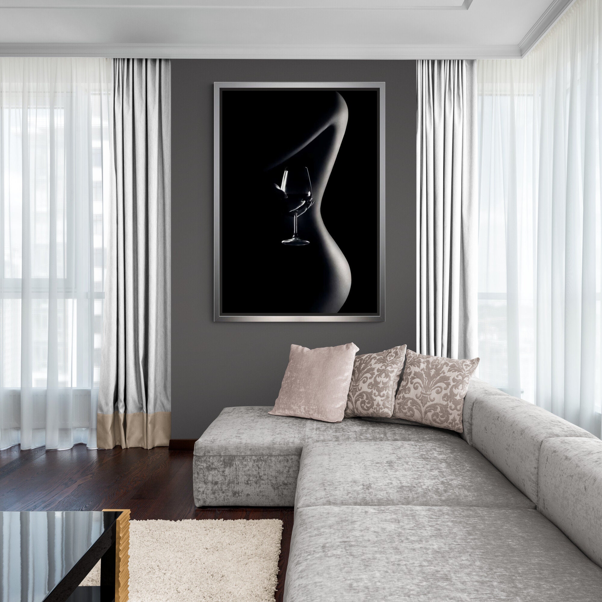 Sensual Woman Wall Art, Wine Glass Framed Canvas, Erotic Woman Canvas, Naked Girl Canvas, Sexy Woman Canvas, Sexy Body Silver Framed Canvas
