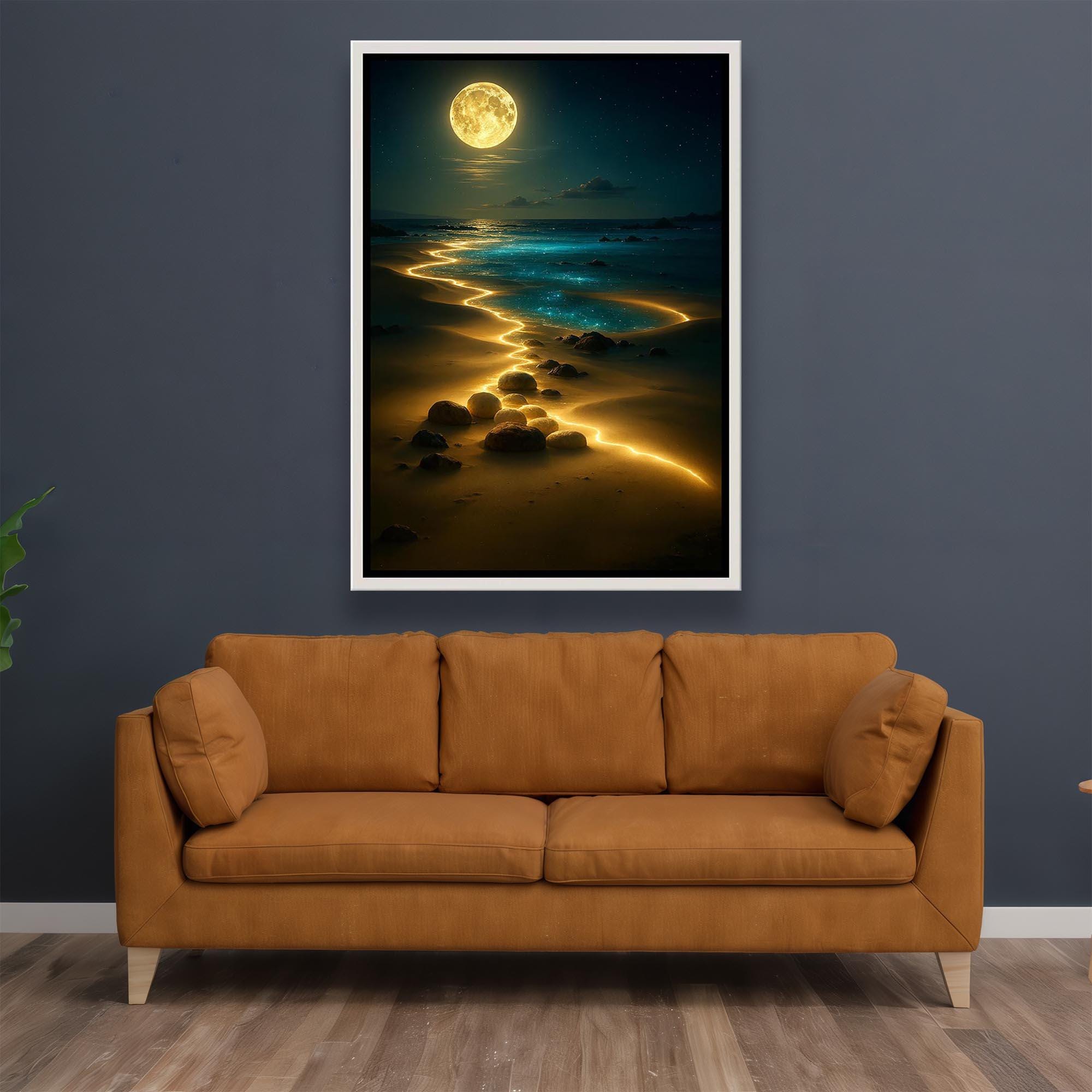Full Moon Night Beach Canvas Wall Art – Surreal Glowing Golden Path ...