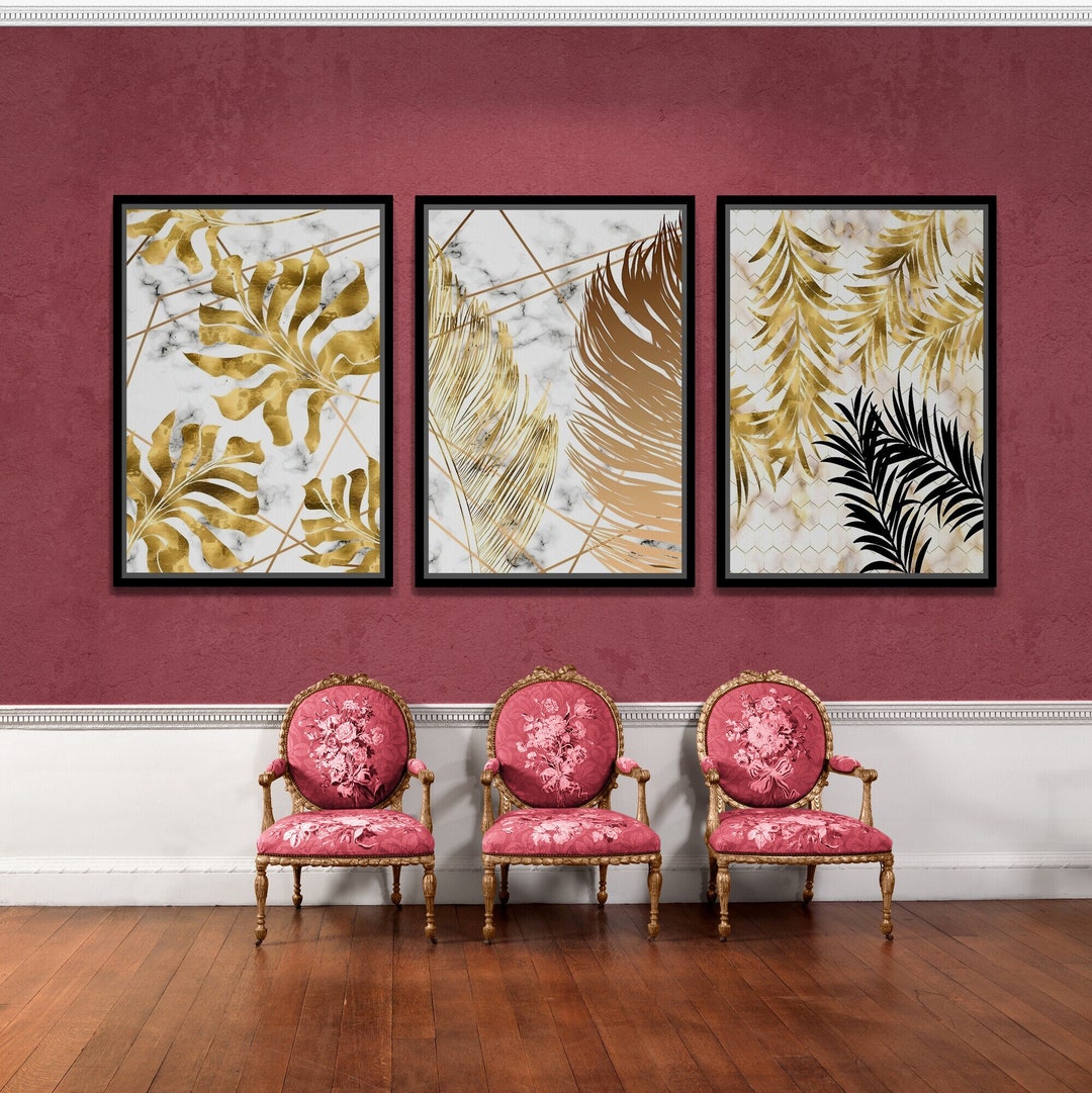 Gold Leaves Wall Art Tropical Leaves Framed Canvas Luxury Etsy