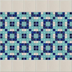 May include: A close-up of a blue, white, and light blue mosaic tile pattern. The tiles are arranged in a repeating geometric design.