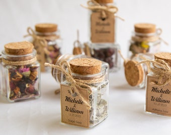 Wedding tea favors for guest, rustic wedding vavor, personalized tea favors, glass jar favors, tea party favors, engagement guest favors,