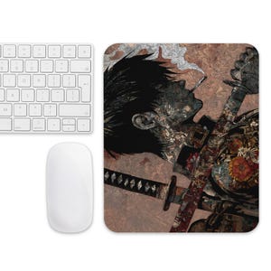 May include: A rectangular mousepad featuring a detailed illustration of a person with a sword, smoking. The artwork is in shades of brown, black, and red. A white keyboard and mouse are in the image.