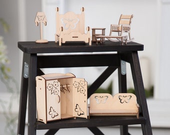 Handrcrafted Wooden Dollhouse Furniture || Wooden Play House Furniture Set (Natural)