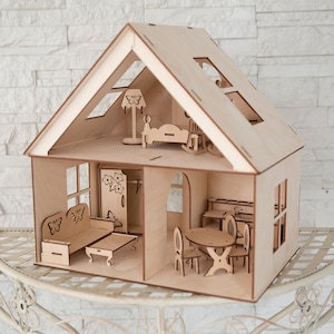 Handrcrafted Wooden Dollhouse || Wooden Play House in all Natural (With Furniture)