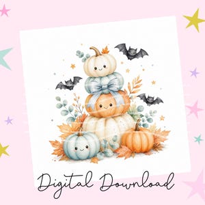 May include: A digital illustration featuring a stack of three pumpkins with smiling faces, accented by a blue bow, surrounded by smaller pumpkins, autumn leaves, eucalyptus sprigs, and three flying bats. The text Digital Download is below.