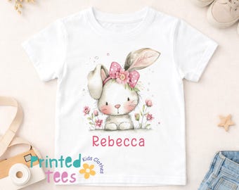 Personalised Bunny T Shirt for Girls – Pink Bow Rabbit Name Top