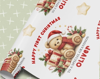 Teddy Wrapping Paper, Personalised First Christmas Gift Wrap | Festive Santa Hat Design | A3-A1 Sheets, Metre Rolls