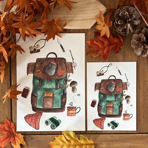 Carte postale et Affiche Illustration "mon sac de randonnée" (A6 et A5)