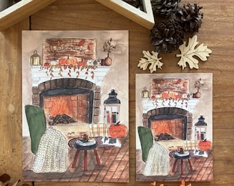 Carte postale et Affiche Illustration "Ambiance cosy au coin du feu" (A6 et A5)