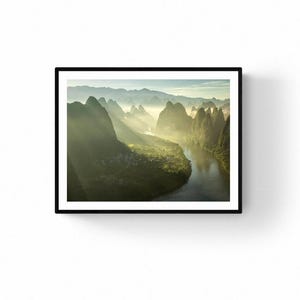 China oriental print wall art -  Xianggong Sunrise mountain - Yangshuo dawn – China Landscape Wall Art – Fine Art Photography river valley