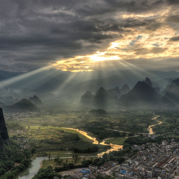 Yangshuo China karst mountains sunbeam landscape Fine Art Wall Decor, Travel Photography, Asian & Oriental Wall Art