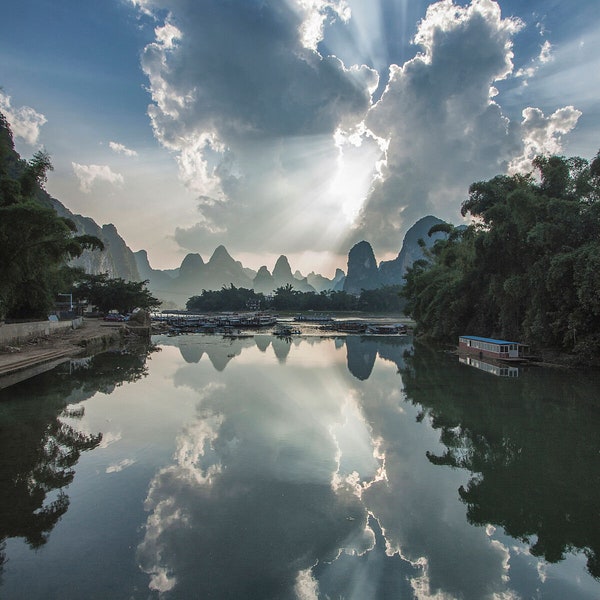 China wall art Yangshuo China mountains dusty sunbeam landscape at the li river photo print. Guilin China travel photography wall art.