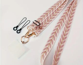 Correa ajustable para teléfono móvil, larga, cruzada, de tela ancha, para el cuello, con perlas, para mujer