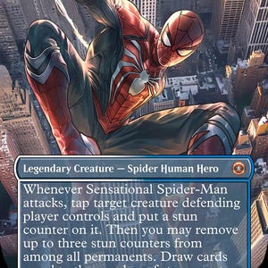 May include: A trading card featuring a red and blue superhero character with a spider logo on his chest. The card is titled "Sensational Spider-Man" and has a power level of 3/3. The card text reads: "Whenever Sensational Spider-Man attacks, tap target creature defending player controls and put a stun counter on it. Then you may remove up to three stun counters from among all permanents. Draw cards equal to the number of stun counters removed this way."