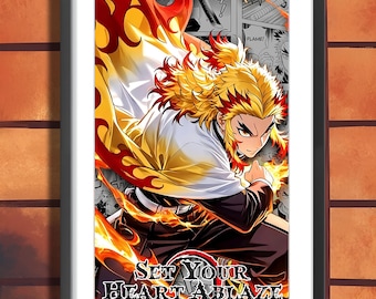 Demon Slayer Rengoku Flame Anime Art Print | 11x17 Framed Manga Poster
