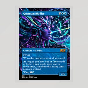 May include: A trading card featuring a stylized illustration of a woman with a futuristic headdress, in shades of purple, blue, and green. The card is labeled "Quantum Riddler" and includes game text and a "BCX" logo.