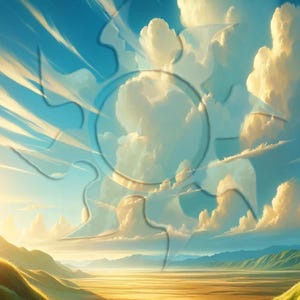May include: A digital painting of a landscape with a bright blue sky filled with fluffy white clouds. The foreground features rolling hills and a golden field. A transparent sun-like shape overlays the scene. Text at the bottom reads "2024 BCX EN Borks Comics".