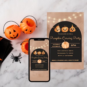Pumpkin Carving Invitation by Text, Halloween Pumpkin Party Evite, Fall Jack O&#39;lantern Text Invitation Template Editable Digital Download