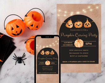 May include: A digital invitation for a pumpkin carving party. The invitation features a black background with orange pumpkins and string lights. The text reads "Please join us for a Pumpkin Carving Party" with the date, time, address, and RSVP information.