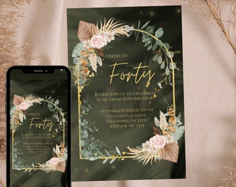 Floral Forty Birthday Invitation, Minimalist Electronic Evite (Instant Download)