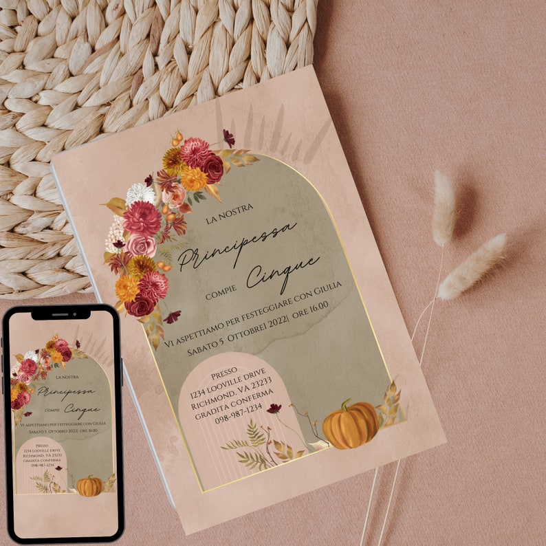May include: A peach-colored invitation with a gold border and a floral design. The text reads "La Nostra Principessa Cinque Compie Vi Aspettiamo per festeggiare con Giulia Sabato 5 Ottobrei 2022! Ore 16.00 Presso 1234 Looville Drive Richmond, VA 23233 Gradita Conferma 098-987-1234"