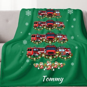 Personalized Firefighter Sherpa Blanket with Fire Engine Christmas Tree