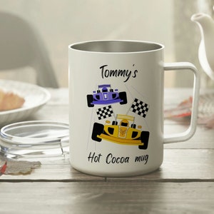Race car Kids mug Kids Hot Chocolate Mug Kids mug with lid Kids racecar mug birthday gift or party favor Race car Kids Mugs,