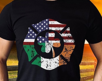 St Patrick's Day Firefighter T-Shirt: Shamrock Irish American Flag Tee