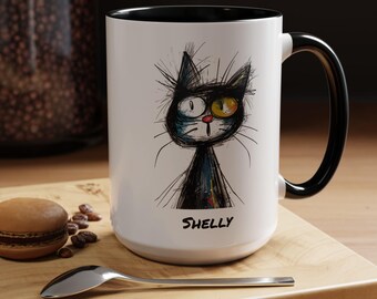 Personalized Cat Mug: Cartoon Doodle Coffee Cup, Cat Lover Gift