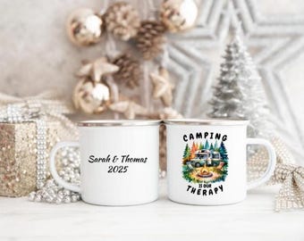 Enamel Camping Mug, Personalized Couple Camping Therapy Coffee Cup, Camper Hiker Van Lake Tin, Anniversary Engagement Gift