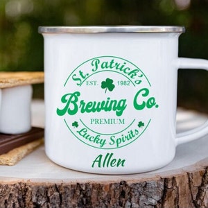 Personalized gift St Patrick&#39;s Day 12 oz Mug St Patrick&#39;s Brewing Co Camping Mug gift for her Camper enamel mug