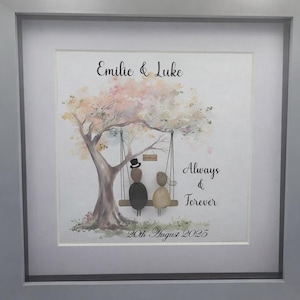 Wedding Pebble Art Framed, Personalised Couple Tree Swing Keepsake