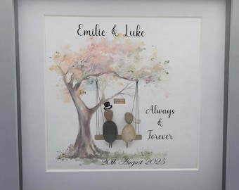 Wedding Pebble Art Framed, Personalised Couple Tree Swing Keepsake