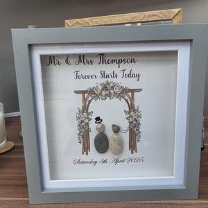 Personalised wedding pebble picture - framed mr & mrs pebble art wedding gift bridal arch - on your wedding day - the day we got married -